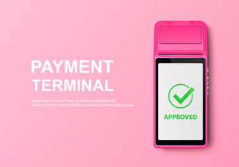 Vector Realistic 3d Pink Touch Mobile Payment Machine. POS Terminal Closeup Isolated on Pink Design Template of Bank Payment Wireless Contactless Terminal, Mockup. Payments device. Top View