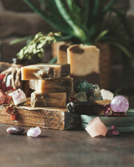 Organic Natural soap. Natural organic concept. Palo Santo, holy sacred tree stick, burning with aroma smoke. Healthy lifestyle.
