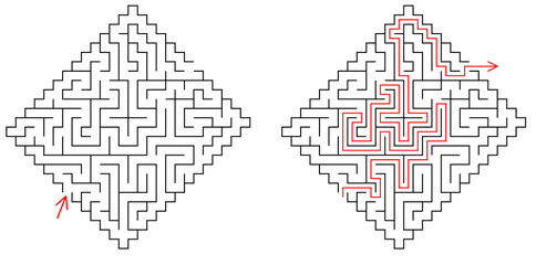 Vector rhombus maze with entry and exit. Find the way through labyrinth. Medium level difficulty riddle for childrens and adults with solution - red passing route.