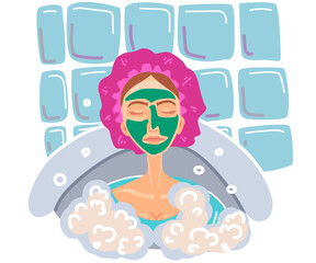 Vector illustration a girl with a cosmetic mask on her face and a shower cap in a bubble bath