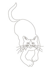 Funny cat lies, is going to attack. One line style vector illustration isolated on white background