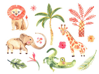Watercolor composition with African animals and natural elements. Lion, elephant, alligator, giraffe, palm trees, flowers. Safari wild creatures. Jungle, tropical illustration for nursery wallpaper