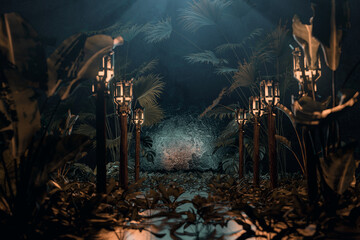3d rendering of tropical backdrop with torches surrounded by jungle trees