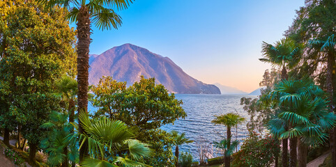The small park Villa Heleneum with mediterranean plants on the shore of Lugano Lake, Lugano,...