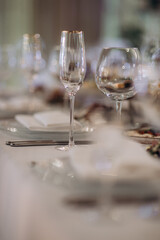 shining glasses in the wedding festive table setting side view