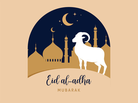 Eid Al Adha festival. Greeting card with sacrificial sheep and crescent on cloudy night background. Eid Mubarak theme. Vector illustration.