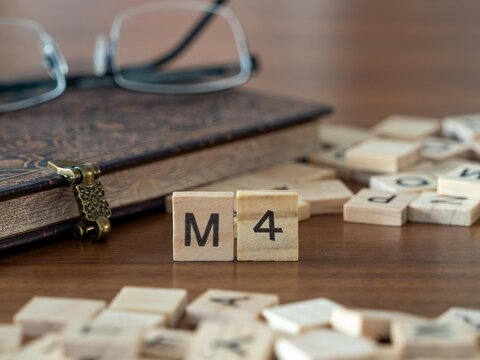 the acronym m4 for broad money supply word or concept represented by wooden letter tiles on a wooden table with glasses and a book