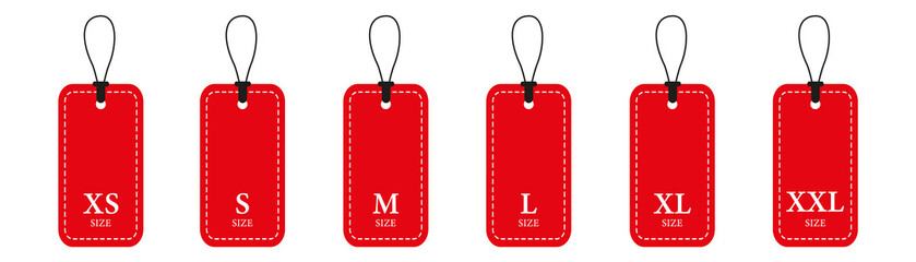 Set of clothing size labels: XS, S, M, L, XL, XXL. Size label tag in red.Vector illustration.