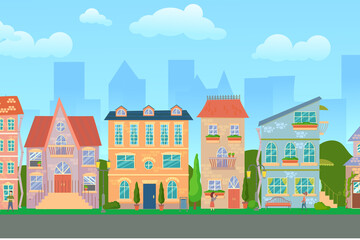 City street. Panoramic cityscape with bright houses, walking pedestrians. Shop and stores. Summer city. Vector illustration in cartoon style.