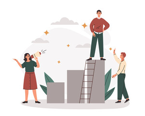 Career growth concept. Young male entrepreneur stands at top of ladder and achieves goals. Successful entrepreneur realizes ambitions and promotes company. Cartoon modern flat vector illustration © 100% HAND-CRAFTED