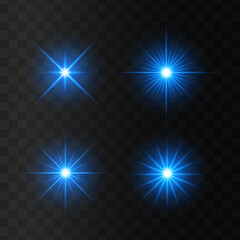Blue bright illustration starburst. Set of glowing light stars with sparkles. Transparent shining sun, star explodes and bright flash. 