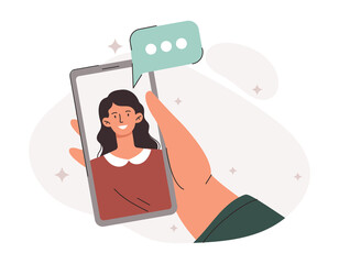 Video communication concept. Character hand holding smartphone. Young Girl talking to friend on social networks. Remote dialog with speech bubble. Cartoon contemporary flat vector illustration
