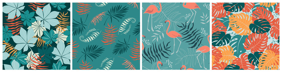 Fototapeta na wymiar Seamless pattern set with flamingo birds, tropical palm leaves and monsters. Exotic animal print. Vector graphics.