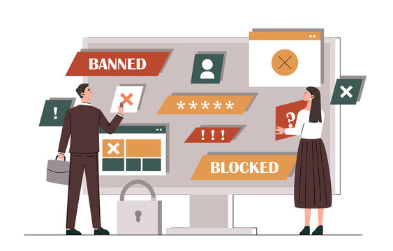 Hacker Cyber Attack concept. Young man and woman standing in front of computer screen and surprised by blocked personal account. Digital fraud or internet security. Cartoon flat vector illustration