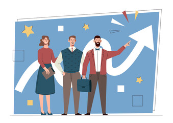 Leadership and teamwork concept. Young male entrepreneur leads his employees and businesses to financial success and achievement of goals. Motivation and ambition. Cartoon flat vector illustration