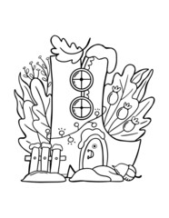 Fantasy forest house coloring page for children. Outline cartoon shoe house illustration for coloring book.
