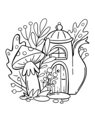 Fantasy forest house coloring page for children. Outline cartoon tea pot illustration for coloring book.