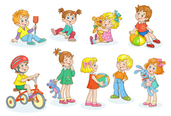 Kids are playing. Set of cute little children with their favorite toys. In cartoon style. Isolated on white background. Vector illustration.