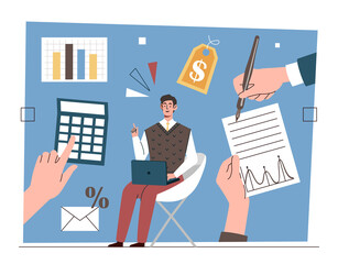 Pricing strategy and business cost recalculation plan. Male entrepreneur analyzes finances and control cost of good. Accounting for high profit and competitive income. Cartoon flat vector illustration