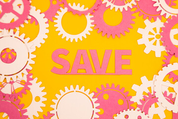 Paper inscription on the background of paper gears