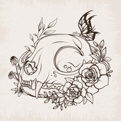 Cat skull buried in flowers. Hand drawn in vintage art style. Vector illustration isolated on beige background