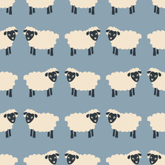Sheeps doodle background. Flat illustration of sheeps seamless pattern. Farm animals simple drawings