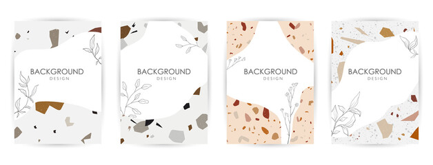 Modern abstract design templates with terrazzo texture. Realistic marble texture. Greeting cards, posters, banners for online and offline stores. Creative magazine covers, wedding invitations, flyers