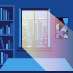 Night view to city street from home window. Windowsill and winter late hour cityscape outdoors. Dusk, nighttime landscape from indoors. Cosy minimal apartment. Colored flat vector illustration