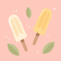 Colorfull Ice cream. Frozen dessert, gelato. Summer candy, icecream. Frozen juice, fruit ice. Cold ice cream, sweet food logo. Icecream vector illustration. mint branch