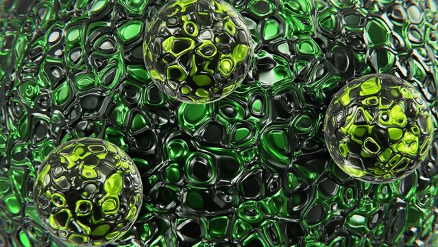 Realistic satisfying looping 3D animation of the reptile skin textured green metallic sphere with orbital rolling small spheres as satellites rendered in UHD as motion background