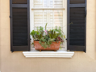 A window planter box seen in the historic district of Savannah, Georgia, a popular slow travel tourism destination in the southeastern United States.