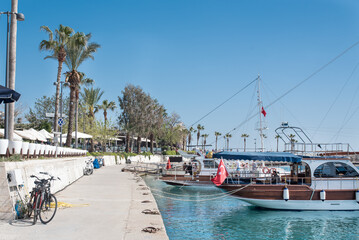 Promenade in the harbour of Side, Turkish Riviera.