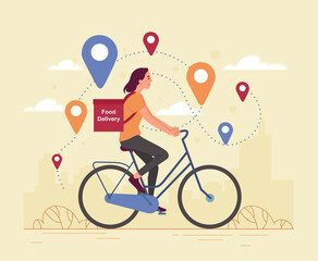 Food delivery concept. Young smiling woman courier rides bicycle and brings basket of groceries, hot dishes or order from cafe. Quick takeaway. Fast delivery. Cartoon flat vector illustration