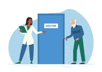 Treatment of dementia and Alzheimer disease. Confused old man goes to doctor. Elderly character with memory loss seeks help from therapist. Mental illness therapy. Cartoon flat vector illustration