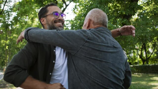 Happy senior man with his mature son meeting and greeting in park.