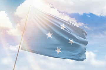 Sunny blue sky and a flagpole with the flag of micronesia