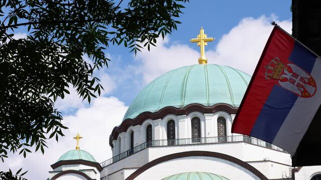 Serbian Orthodox Church with Serbian flag