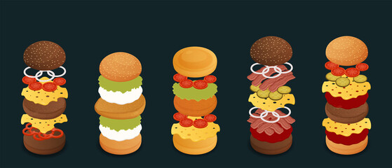 Set of ingredients for burgers and sandwiches. Fast food or snacks with buns, meat, vegetables and cheese. Designs for cafe menus. Cartoon isometric vector collection isolated on black background