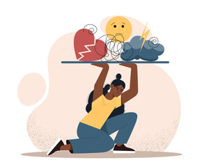 Bullying on social networks. Upset woman resists onslaught of harassment, violence, negativity and psychological pressure. Strong female character fights haters. Cartoon flat vector illustration