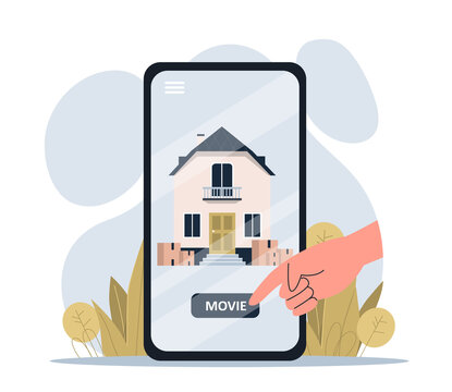 Home moving mobile app concept. Client hand presses button on screen of smartphone and calls employees to help move into house or apartment. Move boxes with objects. Cartoon flat vector illustration