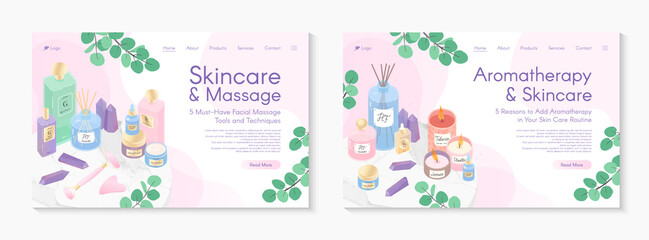 Web page design templates for aromatherapy treatment,skin care tutorial,spa,wellness,massage,cosmetics,self care.Vector illustrations concept for website,mobile website.Landing page layouts. - obrazy, fototapety, plakaty