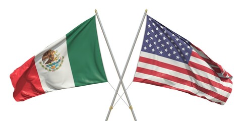 Flags of the USA and Mexico on white background. 3D rendering