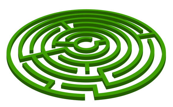 Green isometric simple garden maze. 3d round labyrinth in perspective lying on the white background. Vector illustration. Light difficulty. Modern geometric concept logo or icon