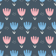 Obraz premium Seamless pattern for print on fabric. Cute floral motif. Blue and pink flowers on dark background. Vector doodle wallpaper for nursery.
