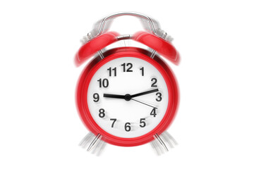 Ringing alarm clock. Red retro alarm clock on white with ringing effect