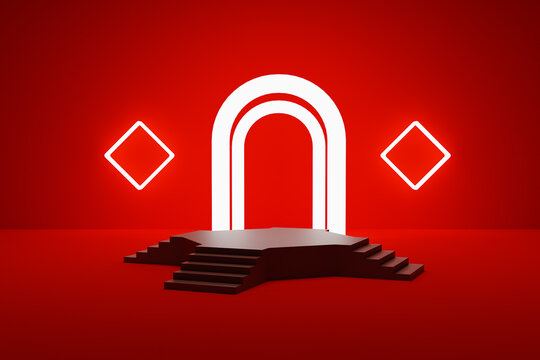 Creative neon lights podium product display with red background. 3d render illustration