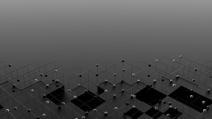 Technology abstract background. Futuristic Graphic. Black square grid and network with connected circle design. Technology and innovation concept, 3D Render.