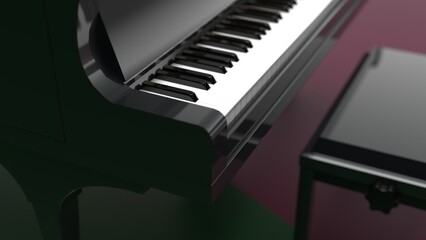 Black-gold Grand Piano under deep green-purple background. 3D illustration. 3D CG. 3D high quality rendering.  