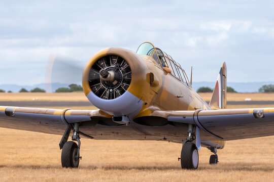 RAAF Williams, Point Cook, Australia - March 2, 2014: North American T-6 (Noorduyn AT-16) Harvard VH-TXN single engine military training aircraft from World War II.