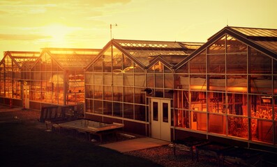 Obraz premium Greenhouses at sunset